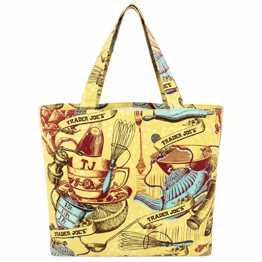 Trader Joe's Vintage Kitchen Print Reusable Grocery Tote Bag Yellow